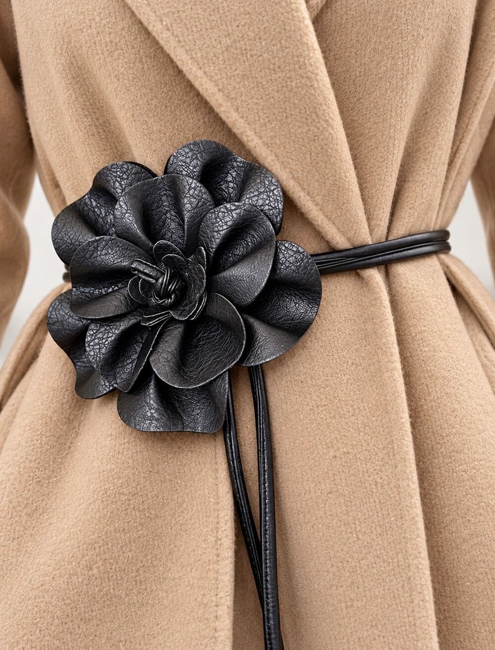Italian Luxury Boutique Vegan Leather Flower Belt Waist Tie Statement Black NWOT